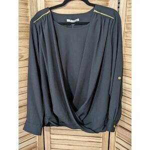 Avette Womans Large Black Blouse Roll Tab Sleeve Shirt Top